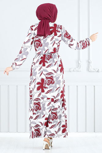 moda selvim Çiçek Desenli Bürümcük Elbise 5010UZ1029-M Bordo - Thumbnail