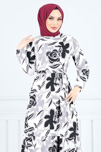 moda selvim Çiçek Desenli Bürümcük Elbise 5010UZ1029-M Siyah - Thumbnail