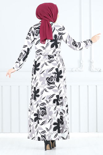 moda selvim Çiçek Desenli Bürümcük Elbise 5010UZ1029-M Siyah - Thumbnail