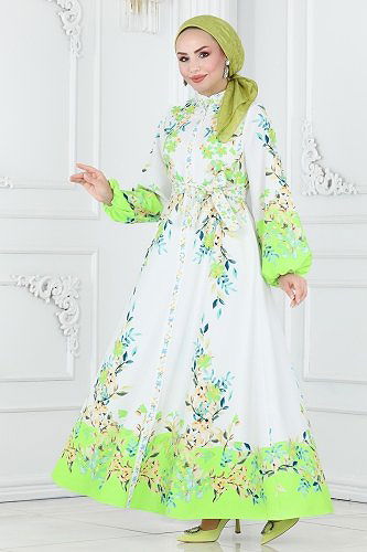 moda selvim Çiçek Desenli Tesettür Elbise 22375JNF844 Yeşil&Ekru - Thumbnail
