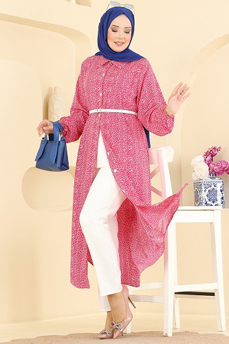 moda selvim Çiçek Desenli Dokuma Tunık 206NZRK1200 Koyu Pembe - Thumbnail