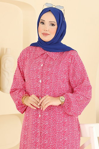 moda selvim Çiçek Desenli Dokuma Tunık 206NZRK1200 Koyu Pembe - Thumbnail