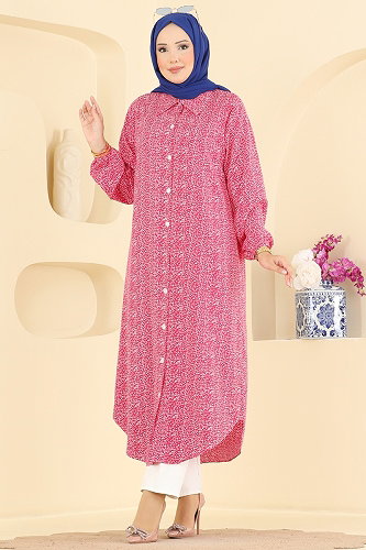 moda selvim Çiçek Desenli Dokuma Tunık 206NZRK1200 Koyu Pembe - Thumbnail