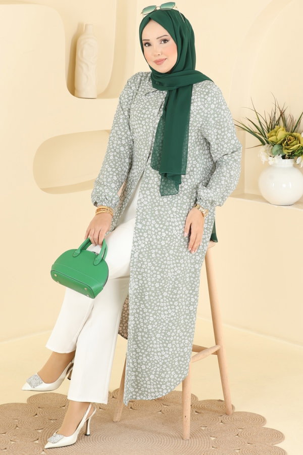 Modaselvim Tunik Çiçek Desenli Düğmeli Tunik 207NZRK1200 Çağla