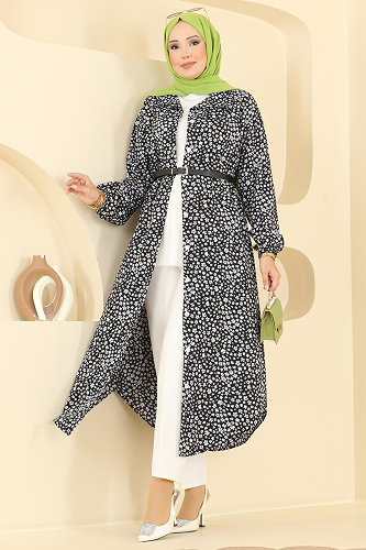 moda selvim Çiçek Desenli Düğmeli Tunik 207NZRK1200 Siyah - Thumbnail
