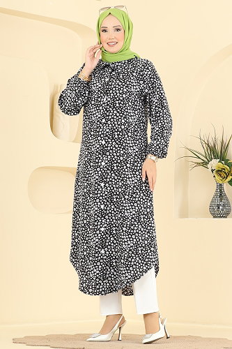 moda selvim Çiçek Desenli Düğmeli Tunik 207NZRK1200 Siyah - Thumbnail