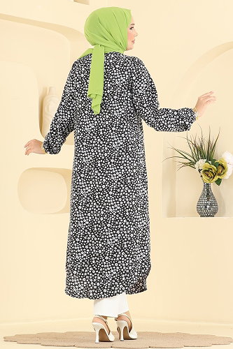 moda selvim Çiçek Desenli Düğmeli Tunik 207NZRK1200 Siyah - Thumbnail