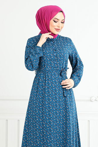 moda selvim Çiçek Desenli Elbise 4069ZNN894-M Petrol - Thumbnail