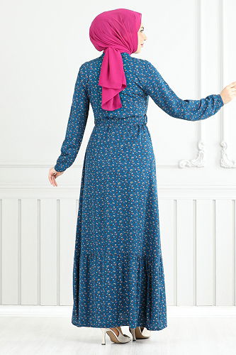 moda selvim Çiçek Desenli Elbise 4069ZNN894-M Petrol - Thumbnail