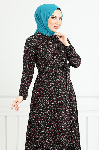 moda selvim Çiçek Desenli Elbise 4069ZNN894-M Siyah - Thumbnail