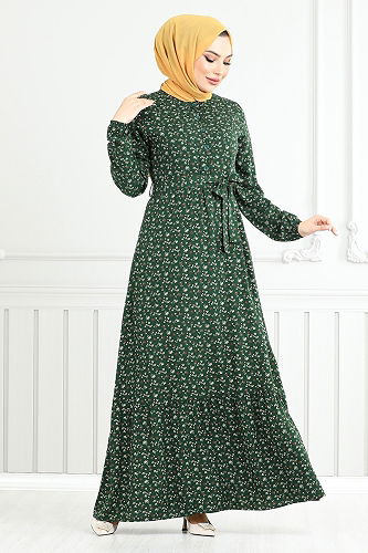 moda selvim Çiçek Desenli Elbise 4069ZNN894-M Zümrüt - Thumbnail