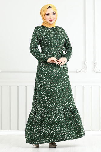 moda selvim Çiçek Desenli Elbise 4069ZNN894-M Zümrüt - Thumbnail