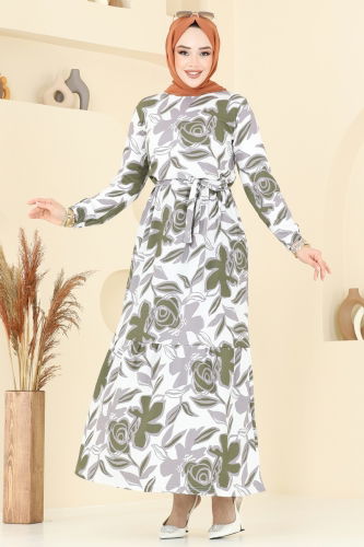moda selvim Çiçek Desenli Elbise 5011UZ662 Yeşil - Thumbnail