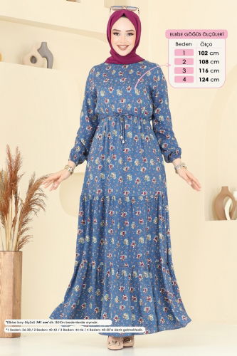 moda selvim Çiçek Desenli Elbise 810OZN1046 İndigo - Thumbnail
