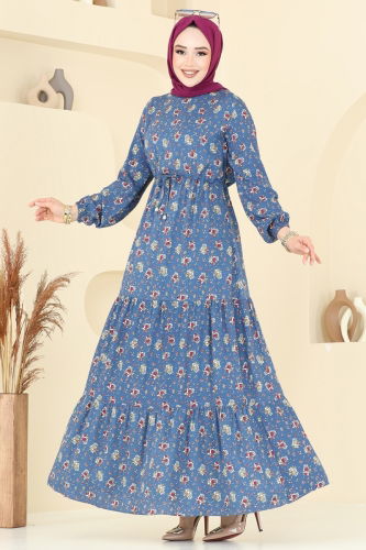 moda selvim Çiçek Desenli Elbise 810OZN1046 İndigo - Thumbnail