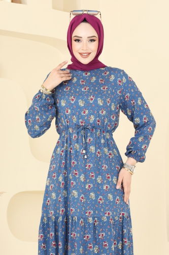 moda selvim Çiçek Desenli Elbise 810OZN1046 İndigo - Thumbnail