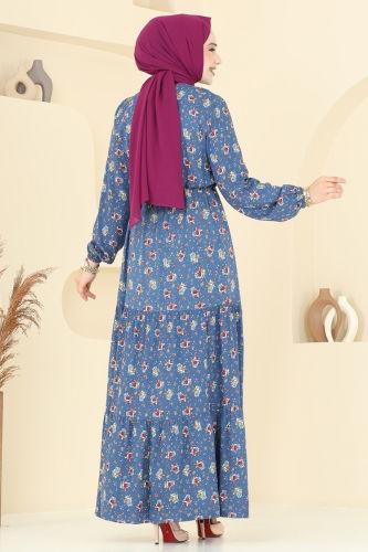 moda selvim Çiçek Desenli Elbise 810OZN1046 İndigo - Thumbnail