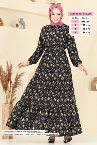 moda selvim Çiçek Desenli Elbise 810OZN1046 Siyah - Thumbnail
