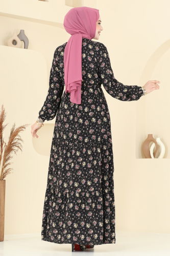 moda selvim Çiçek Desenli Elbise 810OZN1046 Siyah - Thumbnail