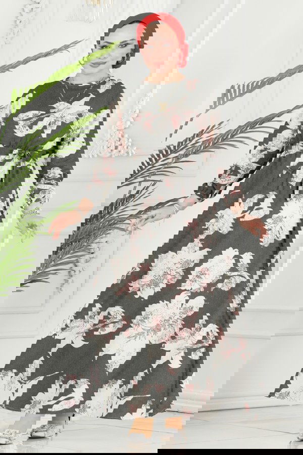 Modaselvim SEPETTE NET %20+%20 İNDİRİM Çiçek Desenli Elbise 8233BRZ597 Antrasit