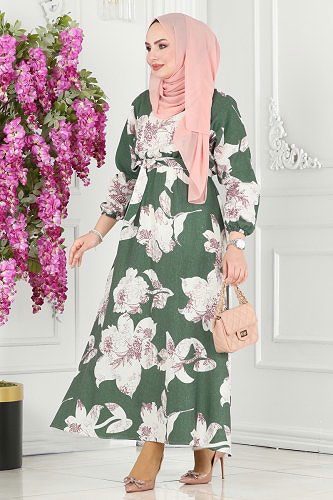 moda selvim Çiçek Desenli Elbise 8233BRZ597 Haki - Thumbnail