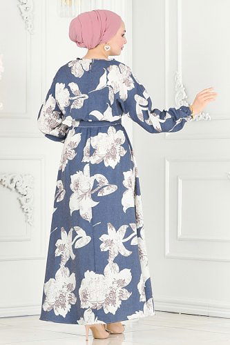moda selvim Çiçek Desenli Elbise 8233BRZ597 İndigo - Thumbnail