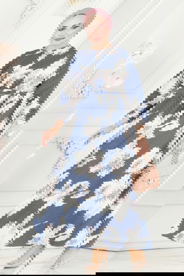 Modaselvim SEPETTE NET %20+%20 İNDİRİM Çiçek Desenli Elbise 8233BRZ597 İndigo