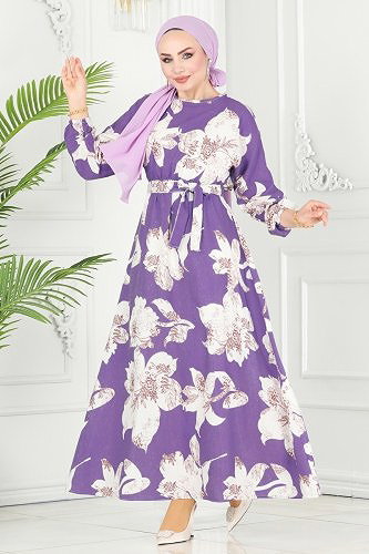 moda selvim Çiçek Desenli Elbise 8233BRZ597 Lila - Thumbnail