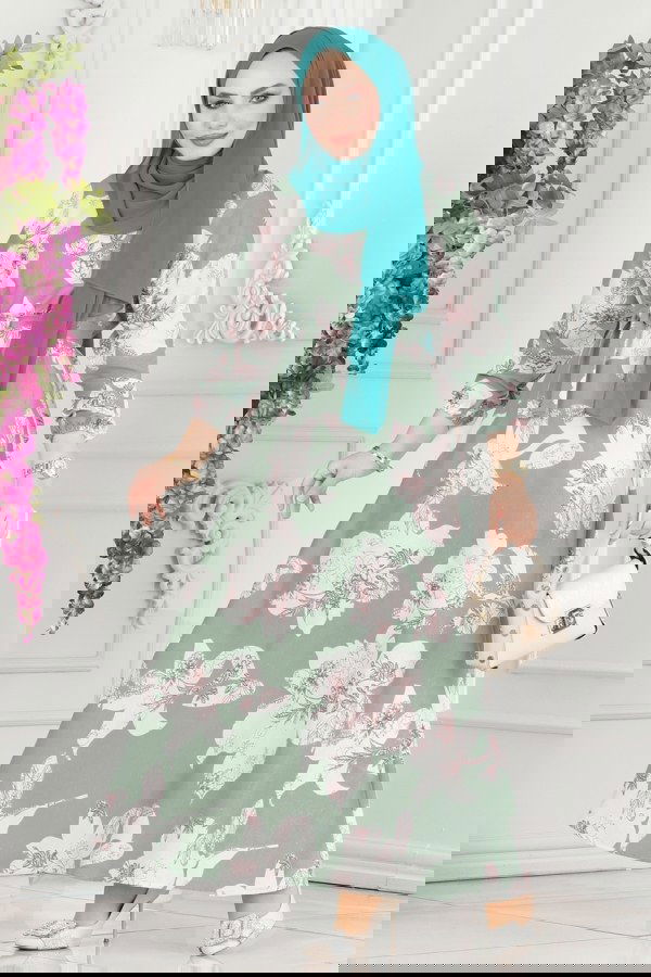 Modaselvim SEPETTE NET %20+%20 İNDİRİM Çiçek Desenli Elbise 8233BRZ597 Mint