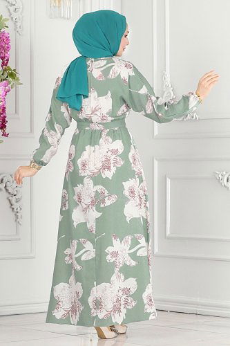 moda selvim Çiçek Desenli Elbise 8233BRZ597 Mint - Thumbnail