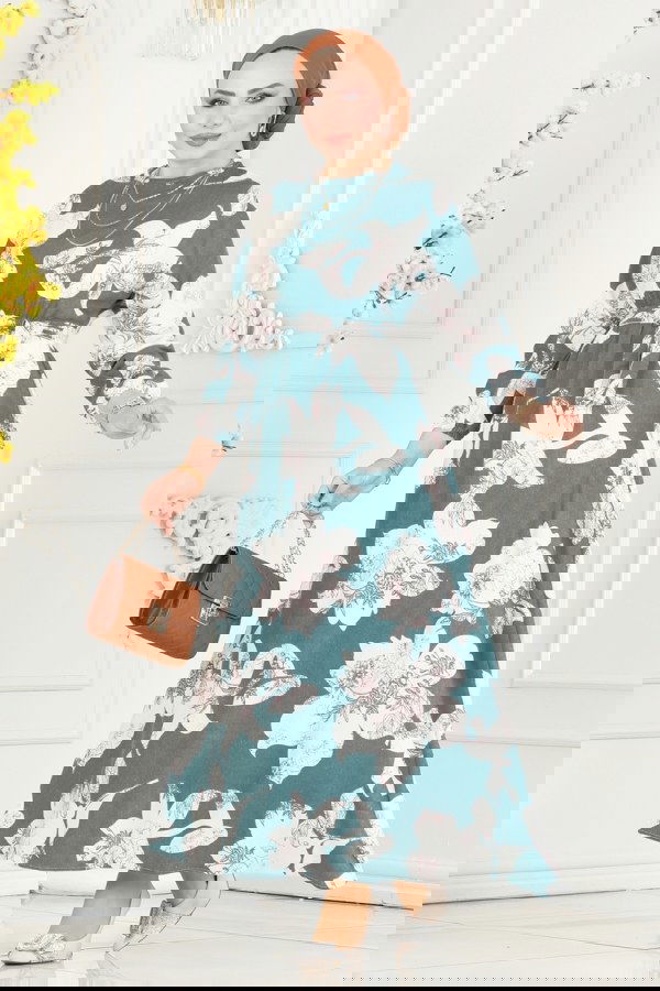 Modaselvim SEPETTE NET %20+%20 İNDİRİM Çiçek Desenli Elbise 8233BRZ597 Petrol