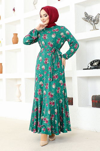 moda selvim Çiçek Desenli Elbise DVL235-M Petrol - Thumbnail