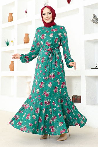moda selvim Çiçek Desenli Elbise DVL235-M Petrol - Thumbnail