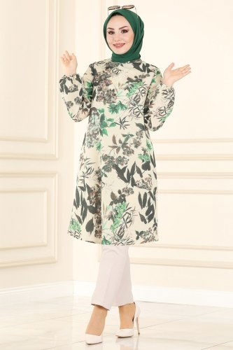 moda selvim Çiçek Desenli Keten Tunik 1342MH427 Benetton Yeşili - Thumbnail