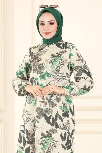 moda selvim Çiçek Desenli Keten Tunik 1342MH427 Benetton Yeşili - Thumbnail