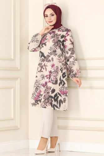 moda selvim Çiçek Desenli Keten Tunik 1342MH427 Mürdüm - Thumbnail