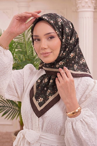 moda selvim Çiçek Desenli Kraş Eşarp 217MDI1081 Kahve - Thumbnail