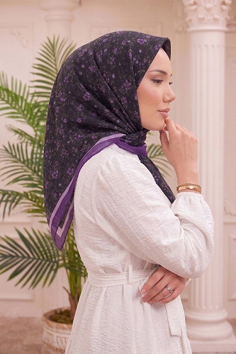 moda selvim Çiçek Desenli Kraş Eşarp 217MDI1081 Mor - Thumbnail