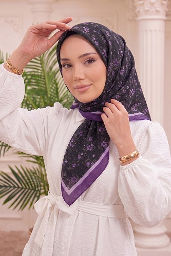 moda selvim Çiçek Desenli Kraş Eşarp 217MDI1081 Mor - Thumbnail