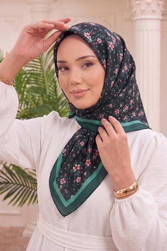 moda selvim Çiçek Desenli Kraş Eşarp 217MDI1081 Petrol - Thumbnail
