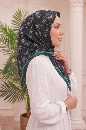 moda selvim Çiçek Desenli Kraş Eşarp 217MDI1081 Petrol - Thumbnail