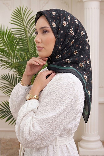 moda selvim Çiçek Desenli Kraş Eşarp 217MDI1081 Siyah - Thumbnail