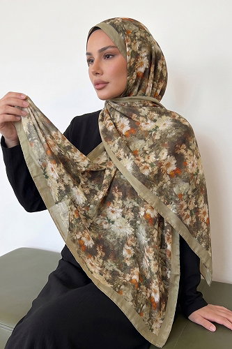 moda selvim Çiçek Desenli Kraş Şal 216MDI1081 Çağla - Thumbnail