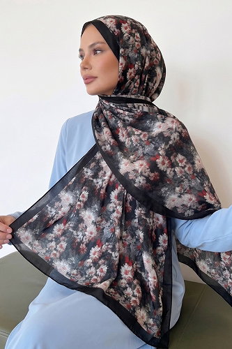 moda selvim Çiçek Desenli Kraş Şal 216MDI1081 Kırmızı&Siyah - Thumbnail