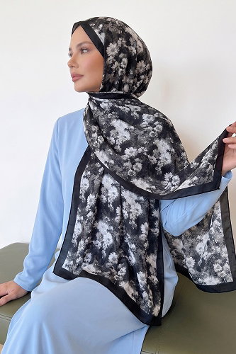 moda selvim Çiçek Desenli Kraş Şal 216MDI1081 Siyah - Thumbnail