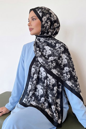 moda selvim Çiçek Desenli Kraş Şal 216MDI1081 Siyah - Thumbnail