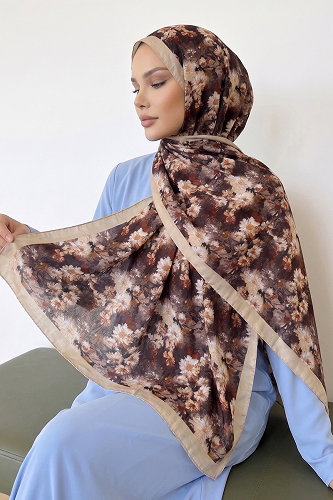 moda selvim Çiçek Desenli Kraş Şal 216MDI1081 Taş - Thumbnail