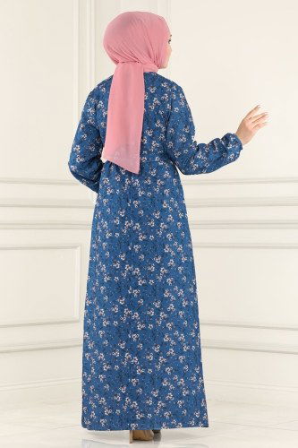 moda selvim Çiçek Desenli Krep Elbise 1825UZ662 İndigo - Thumbnail