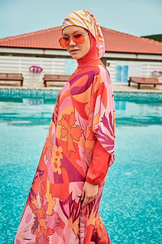 moda selvim Çiçek Desenli Renkli Pareo 2336MRNK1139 Turuncu - Thumbnail