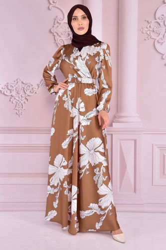 MRV N.E.V. - Çiçek Desenli Saten Elbise NEV14851-M Taba